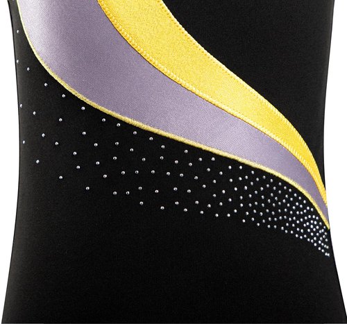 HOZIY Leotards for Girls Gymnastics Practice Size 6-7 Years Gold Stripe Spliced Diamond Rhinestone Fall Black Tumbling Outfit Biketard Sparkly