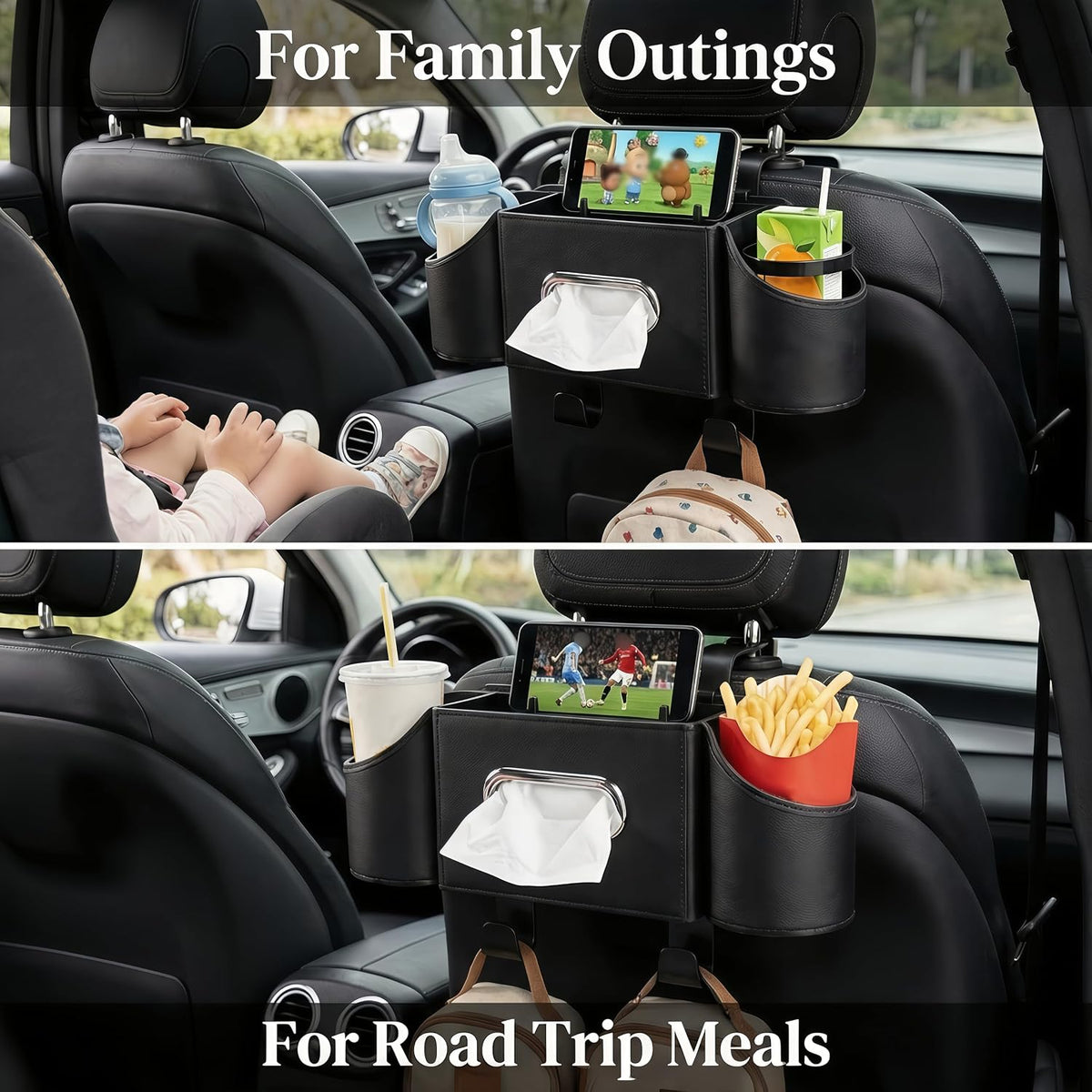 Back Seat Car Organizer, Nappa Leather Car Seat Organizer with Cup Holders and Tissue Box, Premium Hanging Storage Bag for SUV Truck Road Trip (Black)