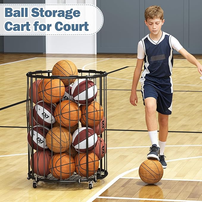Garage Ball Storage: Round Sports Equipment Organizer with Wheels, Sports Ball Rack With Elastic Rope, Ball Holder for Basketball, Soccer, Volleyball, Football, Garage, Gym, Outdoor (Black)