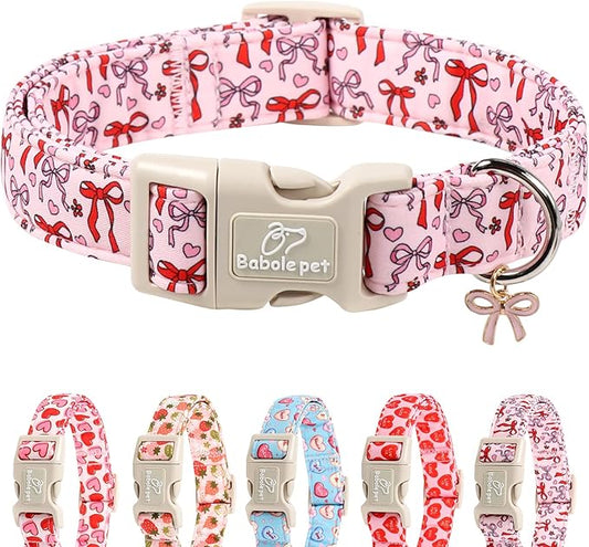 Girl Dog Collar for Small Dogs - Cute Heart Bow Print Girly Dog Collars, Soft Adjustable Spring/Summer Holiday Female Dogs Collar with Quick-Release Buckle S