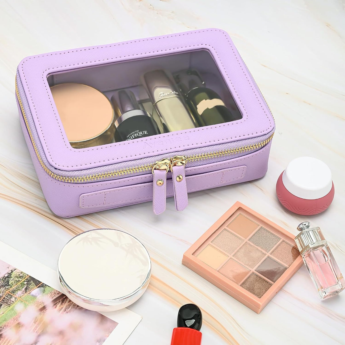 Aveniee Clear Makeup Bag Organizer, Travel Toiletry Bag Cosmetic Case for Women, Make Up Skincare Pouch Car Organizer Bag with Zippers for Essentials,Lilac,Medium Classic