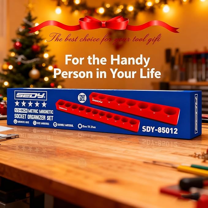 2-Piece 1/2"-Drive Metric Magnetic Socket Organizer Set (Holds 19 Sockets) - Detachable Tool Tray with 5mm Magnetic Base, Screw-Fixed Design & Heavy-Duty Modular Storage for Garage/Home Workshop