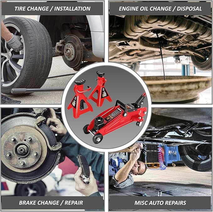 DNA Motoring 2 Ton Car Jack and Stands Kit 2T(4000 lbs) Capacity Low Profile Hydraulic Trolley Service/Floor Jack with 2 Ratchet Stands Combo for Home Garage Shop, Red, TOOLS-00476-RD