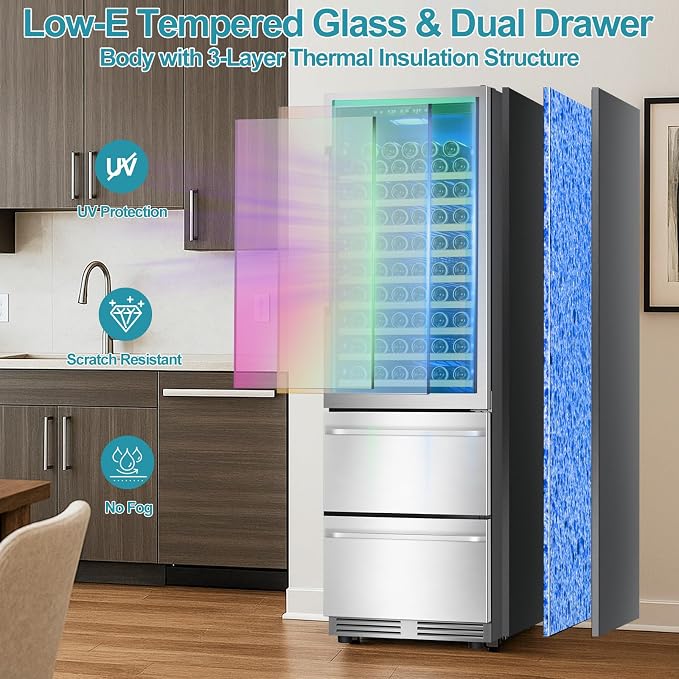 Wine and Beverage Refrigerator, 24'' Dual Zone Wine Fridge with Dual Drawers, Holds 160 Cans and 120 Bottles, Reversible Door, Built-In or Freestanding, Beverage Fridge for Home or Commercial