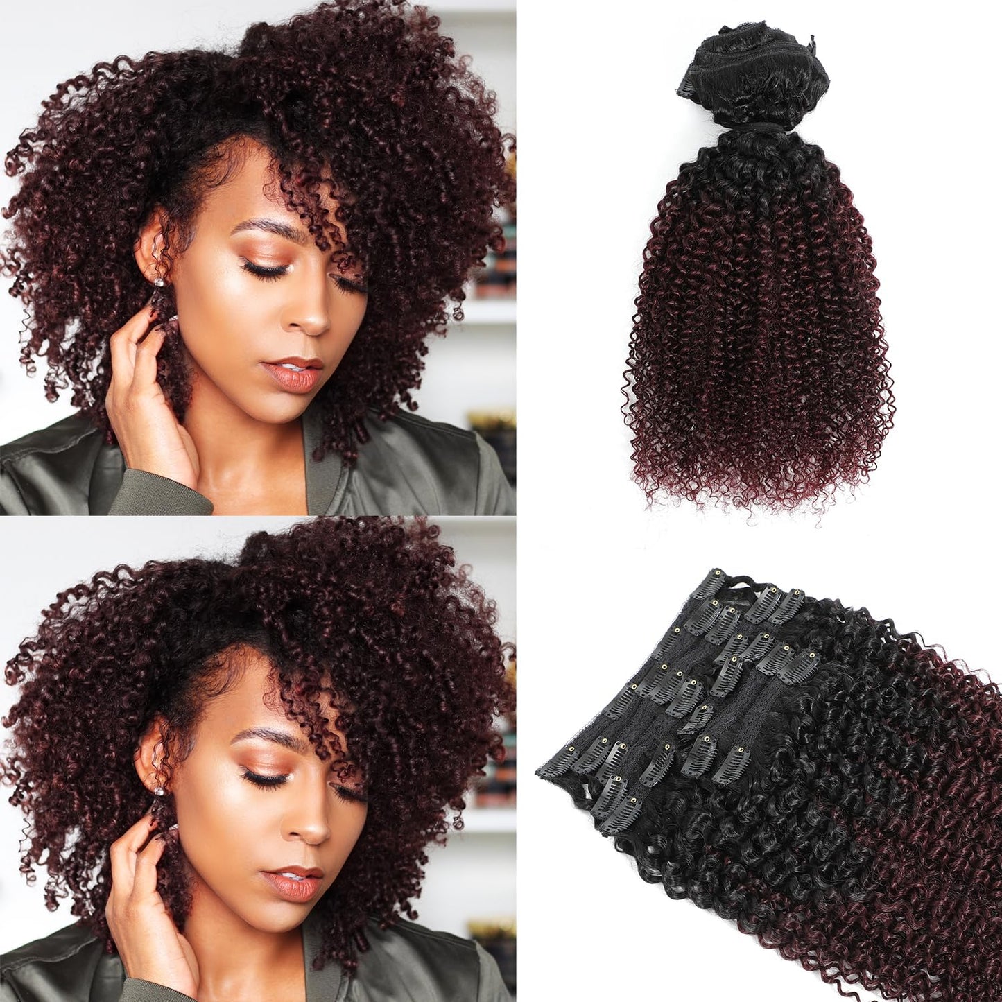 Urbeauty 1B/99J Clip In Hair Extensions Real Human Hair For Women, Burgundy Kinky Curly Clip Ins Hair Extensions Black Women/Gir