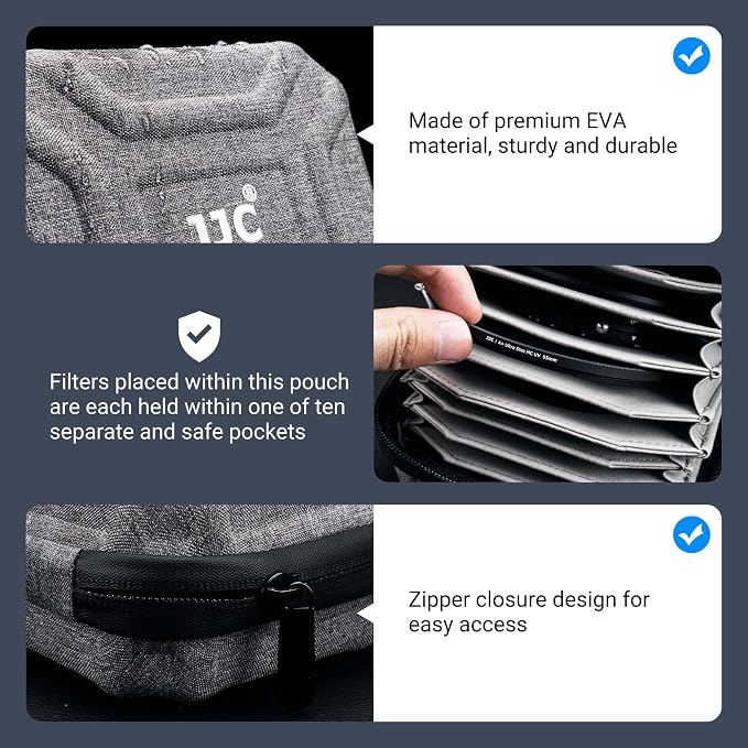 JJC 10 Pockets Hard Shell Lens Filter Bag Up to 95mm, Water Resistant &
