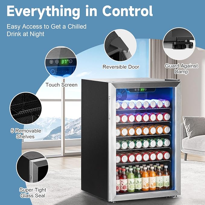 Erivess Mini Fridge 145Can Beverage Refrigerator Cooler Glass Door for Soda | 130L Drink Fridge for Home/Bar/Office with LED Display, Digital Temperature Control, Removable Shelves for Beer, Wine, Silver