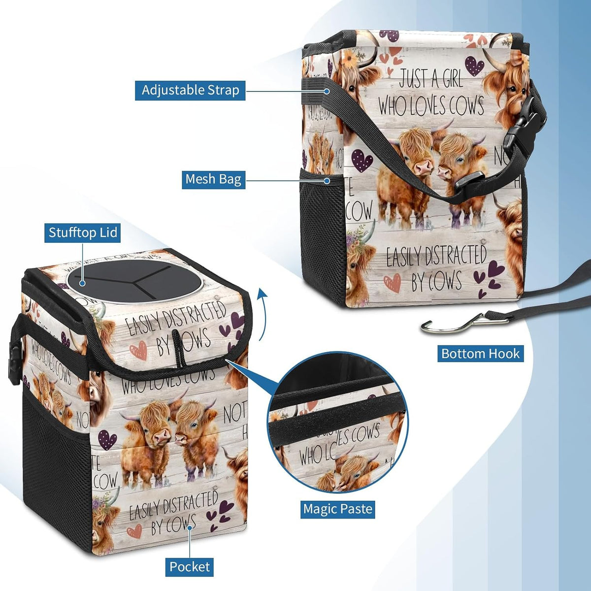 Cute Highland Cow Car Trash Can with Lid Collapsible Reusable Waterproof Car Garage Bag,Automotive Garbage Can,Car Accessories Interior Car Organizer