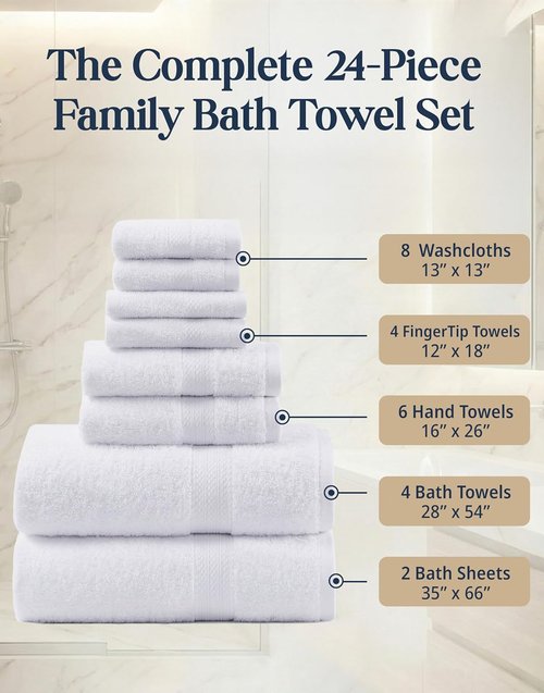 LANE LINEN 100% Cotton Bathroom Towel Set - Soft, Durable & Absorbent | 24-Piece Hotel Quality - White