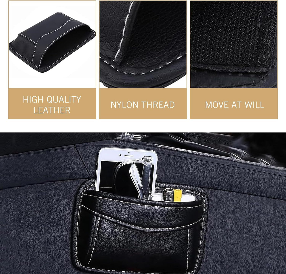 Car Seat Side Pocket Organizer, Black PU Leather Mini Auto Seat Storage Bag, Pen Phone Holder Tray Pouch Vehicle Seats Gap Filler, Universal Organize for Documents Registration Notepad