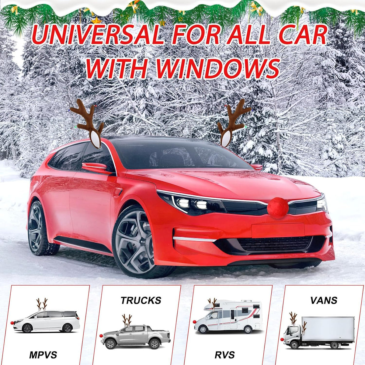 Christmas Car Reindeer Antlers with Ears and Nose - Festive Plush Antler Kit with Hanging Light - Universal Fit Rudolph Holiday Decoration for Car Window SUV Truck Xmas Gift