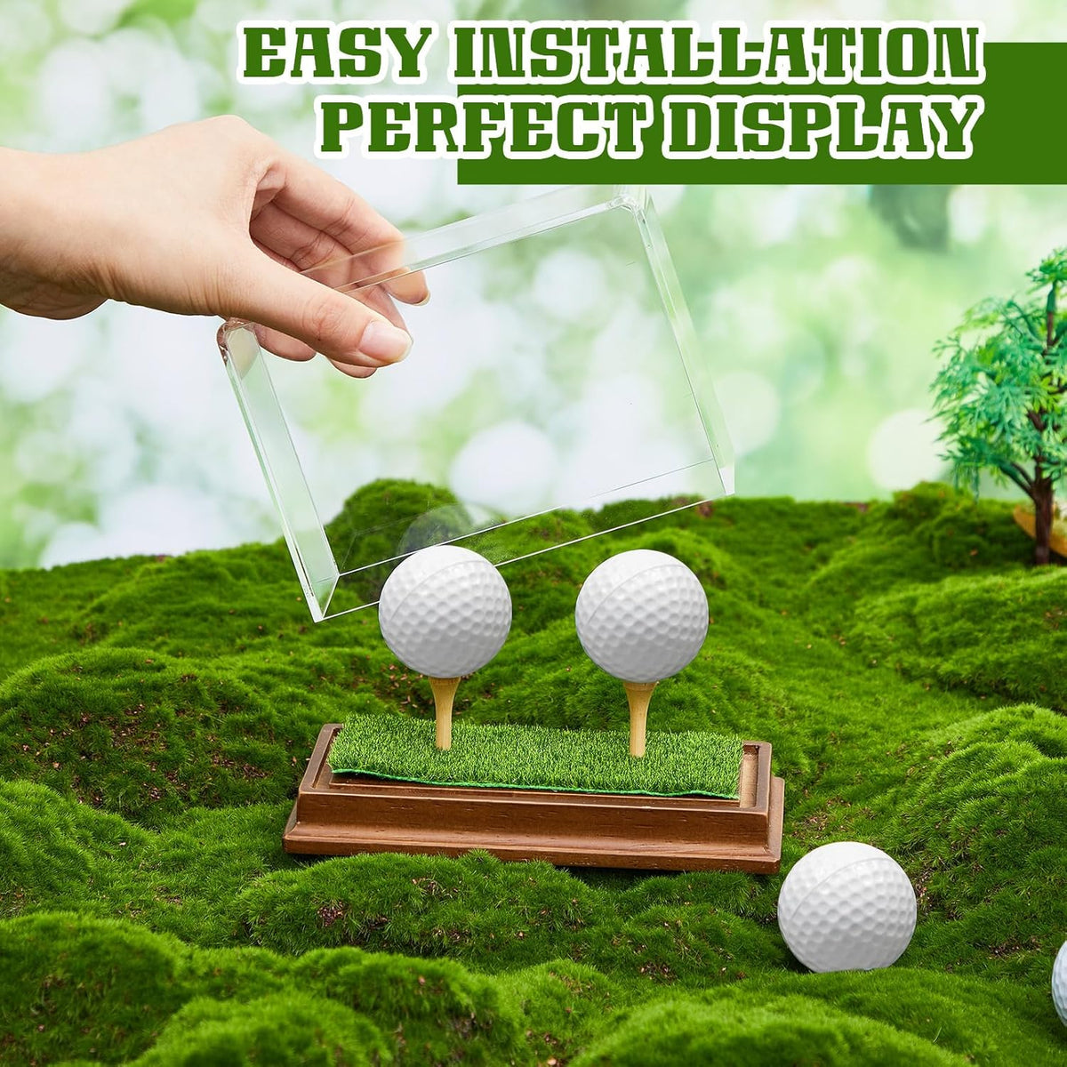 Weysat Golf Ball Display Case - 2-in-1 Clear Acrylic Holder with Wood Base & Lifelike Turf | Perfect for Sports Memorabilia