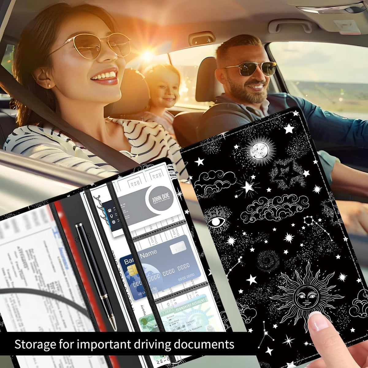 Premium Car Registration and Insurance Card Holder, Cute PU Leather Car Document Holder, Vehicle Glove Box Car Organizer with Magnetic Closure for Driver License, Cards Black Celestial Sky