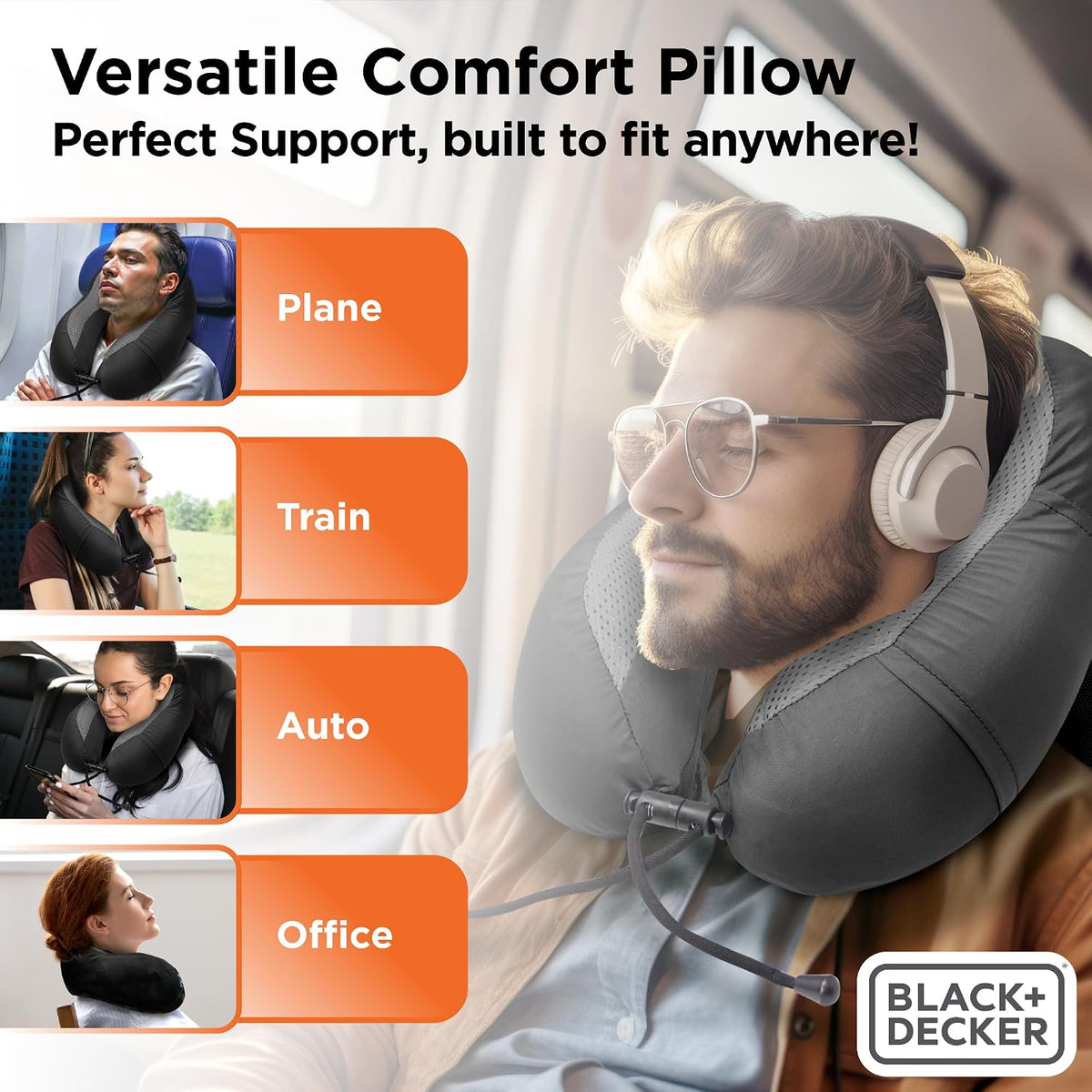 BLACK+DECKER Cooling Gel Memory Foam Neck Pillow – Travel Pillow for Plane, Car &amp; Train – Ergonomic Neck Support, Slow Rebound Memory Foam, Washable Cover, Universal Fit, Black