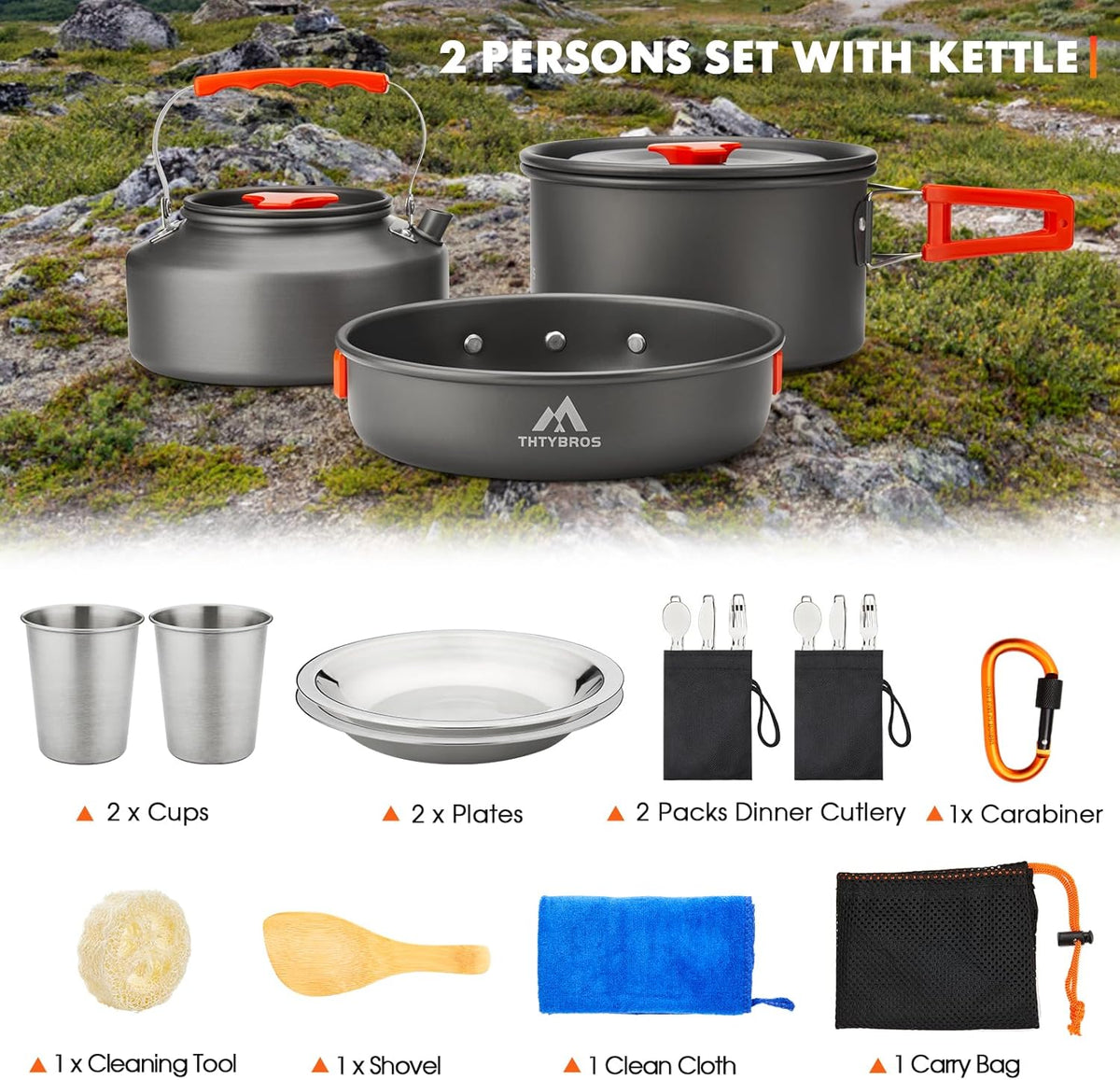 THTYBROS Camping Cookware Kit - 17-Piece Set with 0.45Gal Pot, 7-Inch Pan & Stainless Steel Utensils
