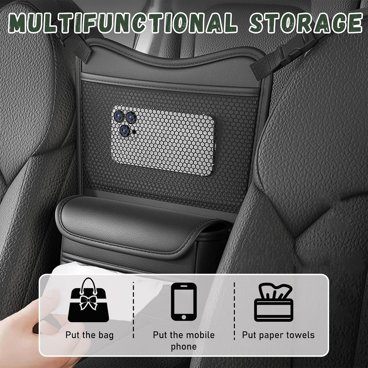 Ohleats Car Organizer Storage Between Seats, Nappa Leather Auto Handbag Holder for Document Phone Storage, Large Capacity Automotive Console Pocket Purse, Car Accessories (Black)