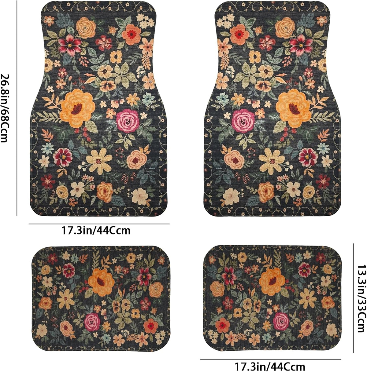 Premium Linen Boho Car Floor Mats Full Set, Vintage Floral Design | Waterproof & non-slip all-weather mats, universal fit for SUV Sedan, luxury car interior accessories for men and women