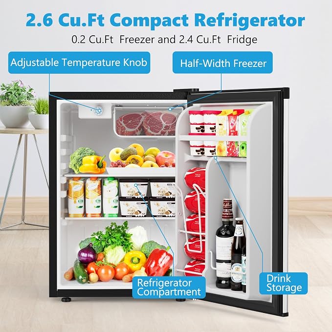 COWSAR 2.6 Cu.Ft Mini Fridge with Freezer for Bedroom Dorm, Silver | Single Reversible Door, 7 Temperature Settings, Energy Saving, 2 Removable Glass Shelves, Small Refrigerator for Apartment