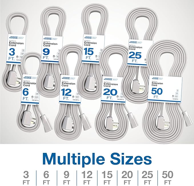 Appliance Extension Cord - 9ft Heavy Duty Gray Extension Wire for Air Conditioner, Refrigerator, & All Major Appliances - 14 Gauge High Voltage 3 Prong Flat-End Appliance Cord, for Indoor use