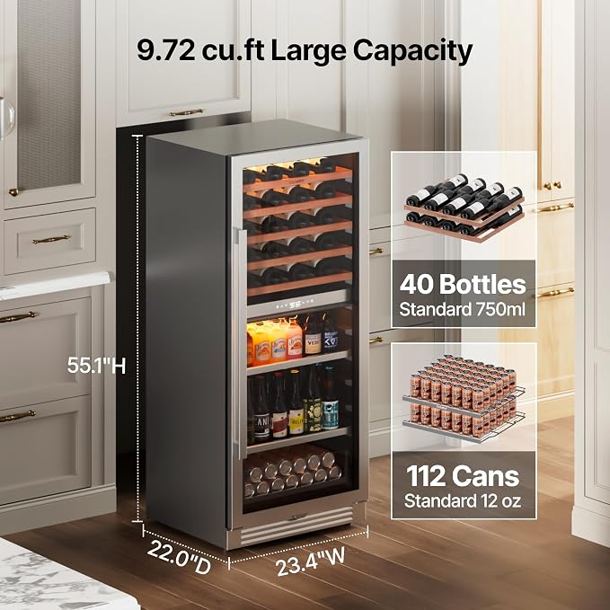 Ca'Lefort 24 Inch Dual Zone Wine & Beverage Center, 112 Can & 40 Bottle | 55-Inch Tall Wine Cellar, Quiet Inverter Compressor, Precise 40-65°F Temperature Control, Glide-Out Shelves & Storage Drawer