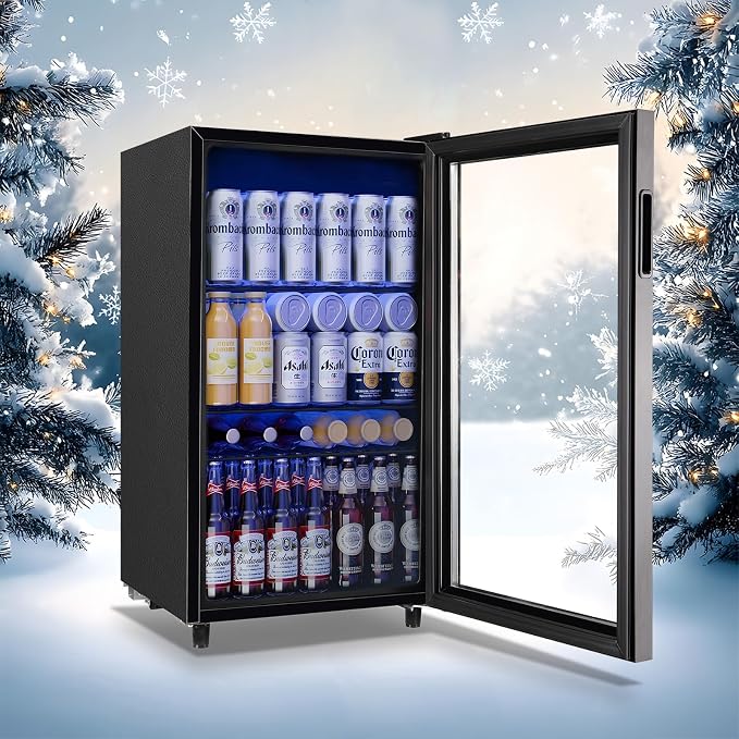 3.5 CU.FT Beverage Fridge Mini Refrigerator Soda Cooler Glass Door Featuring LED Light & Adjustable Shelves,7 Modes Ideal for Apartment, Office, Dorm