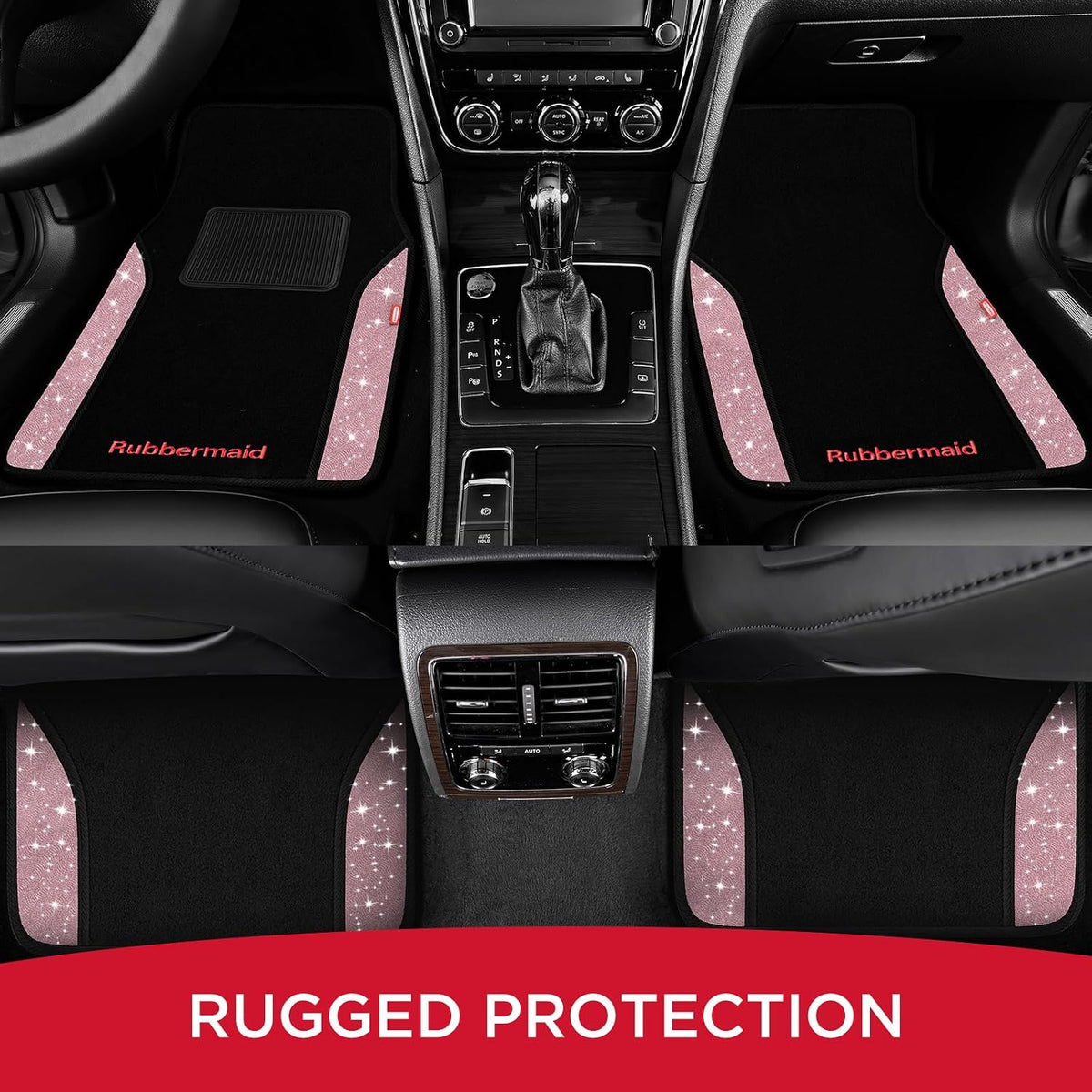 Rubbermaid Bling Car Mats, Carpeted Floor Car Mat with Faux Leather & Built-in Heel Pad, Two-Tone Car Rug Floor Mats, Stylish Carpeted Floor Mats for Cars, Trucks & SUVs Glitter Pink Color