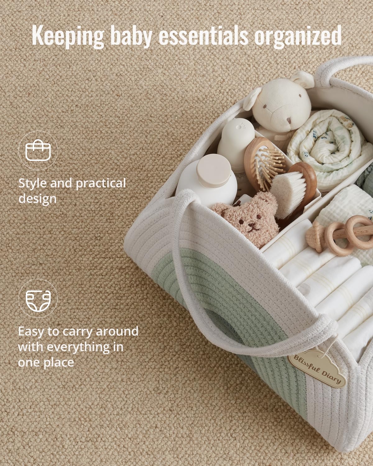 Blissful Diary Baby Diaper Caddy Organizer, Cotton Rope Diaper Caddy Basket, Large Storage Basket for Newborn Boys and Girls, Gift for Baby Shower List, Newborn Essentials, Mint Rainbow