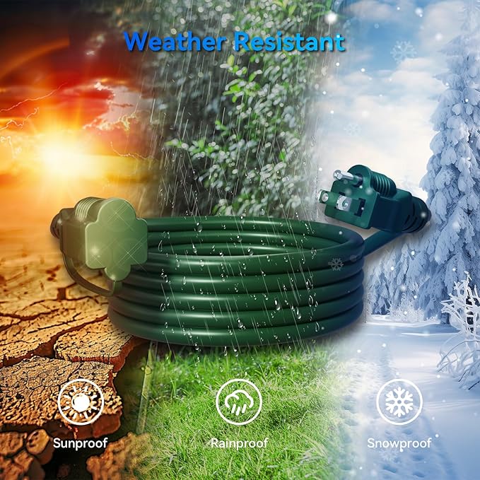 K KASONIC - 40FT Outdoor Extension Cord 1 to 3 Splitter, 3 Prong Outlets Plugs with Safety Covers, Weatherproof Extension Cord for Christmas Decorations, 16/3 SJTW, ETL Listed, Green