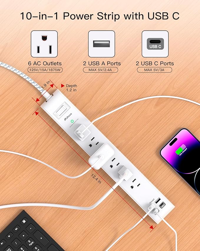 2 Pack 15Ft Extension Cord - Surge Protector Power Strip with 6 Outlets 4 USB Charging Ports, Flat Plug, Overload Protection, Office Supplies, Wall Mount for Home, Dorm Room Essentials