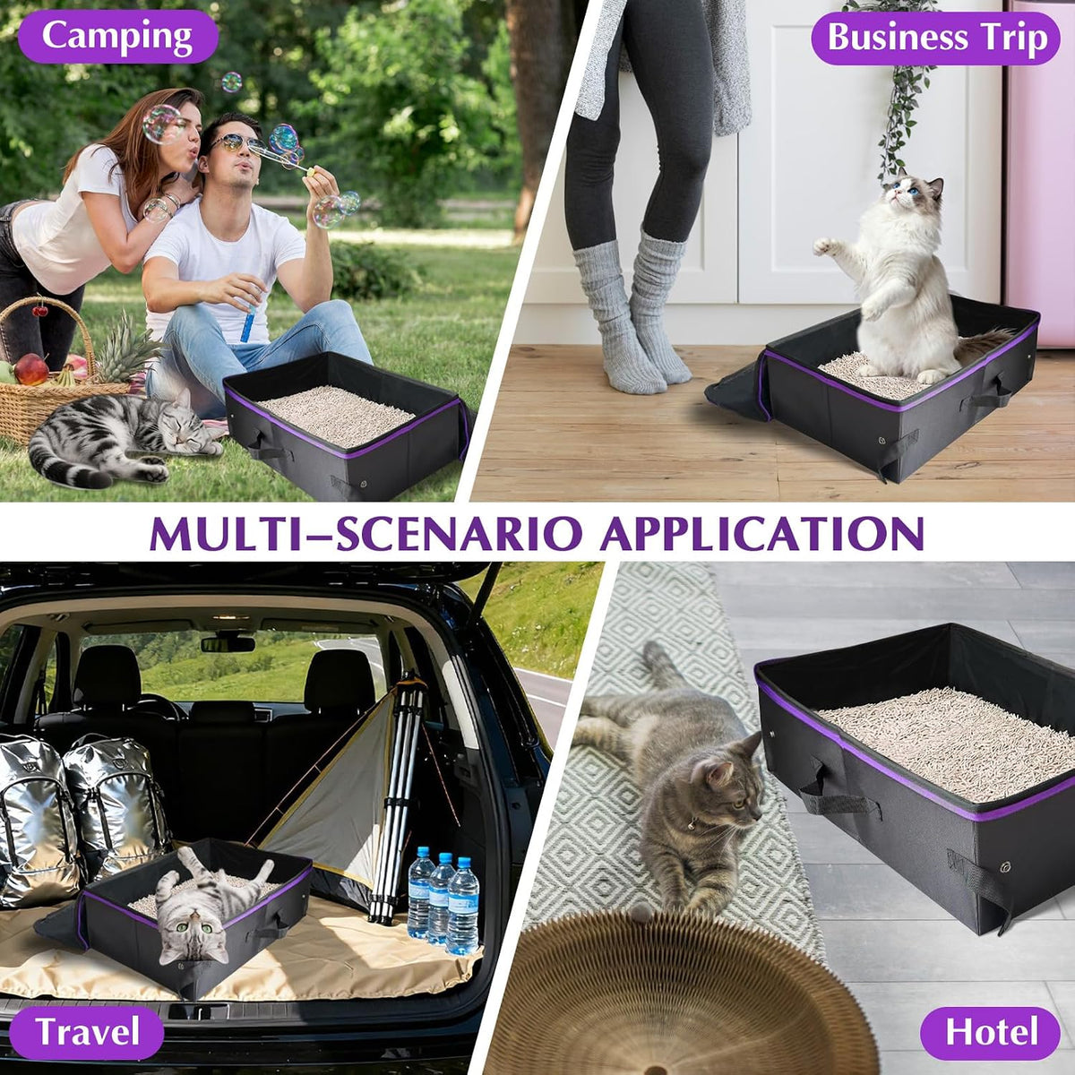 20x14x6.5 Inches, Large Portable Cat Travel Litter Box with Zipped Lid & 10 Liners, Leak-Proof, Lightweight, Sturdy & Waterproof and Foldable Travel Cat Litter Box for Hotels, Car, & Camping