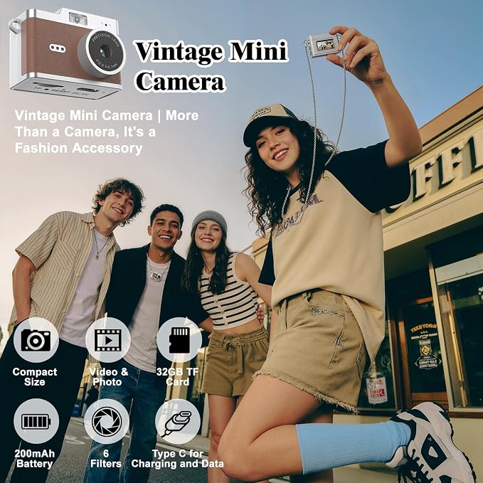 Mini Keychain Digital Camera 1080P, Ultra-Portable Small Retro Camera 32GB Card