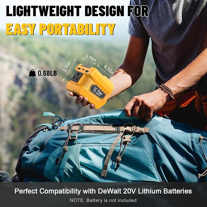 220W Azocek Power Inverter Compatible with Dewalt 20V Battery (Battery not Included), DC 20V to AC 110V, 2 USB Ports & 1 Type-C Fast Charging, 400LM LED Work Light (2-Pack)