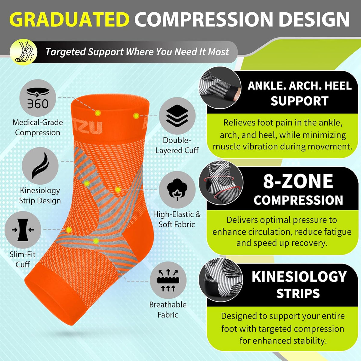 Skiennix Compression Socks - Plantar Fasciitis & Achilles Tendonitis Relief | Arch Support, Orange, S-M
