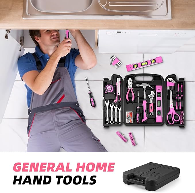 URASISTO 125 PCS Pink Household Tool Set, Pink Ladies Basic House DIY Toolkit Set for Home Garage Office College Dormitory Use, Hand Tool Kits for Women