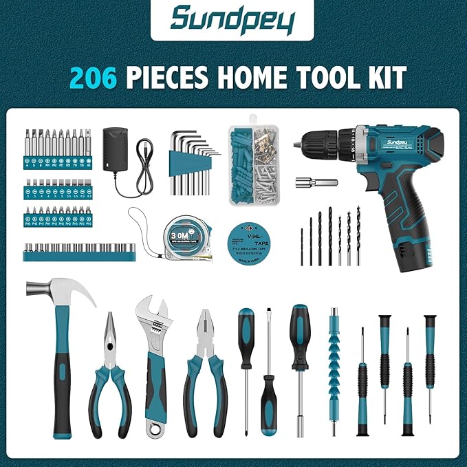 Sundpey Tool Kit 206PCs with Drill - 12V Cordless Power Drill Combo Home Tool Set - Portable Basic General Household Toolbox for Men Women for Garden Office House Repair (Screwdriver Set & Pliers Set)