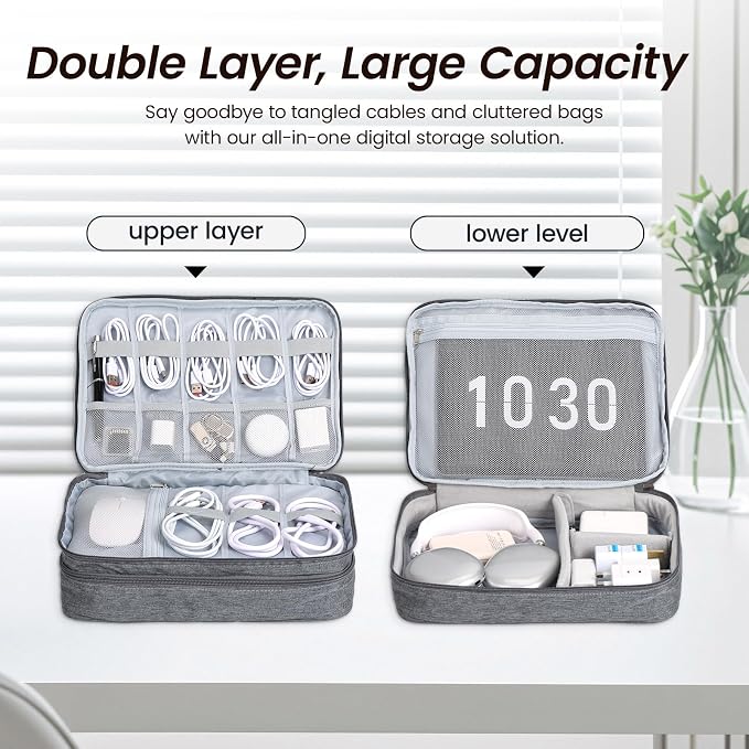 Large Electronic Organizer Travel Case, Double Layer Tech Accessories Bag