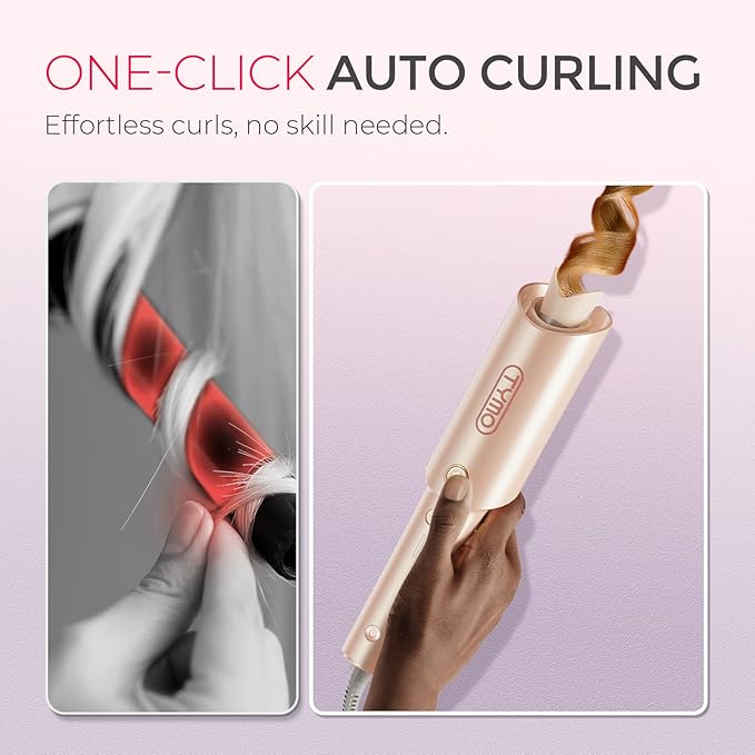 TYMO Automatic Rotating Curling Iron - TYMO CURLPRO Beach Waves Curling Wand, Portable Hair Curler, 500 Million Ionic, Dual Voltage & Lightweight for Travel, Ceramic Coating, 1 Inch, Peach