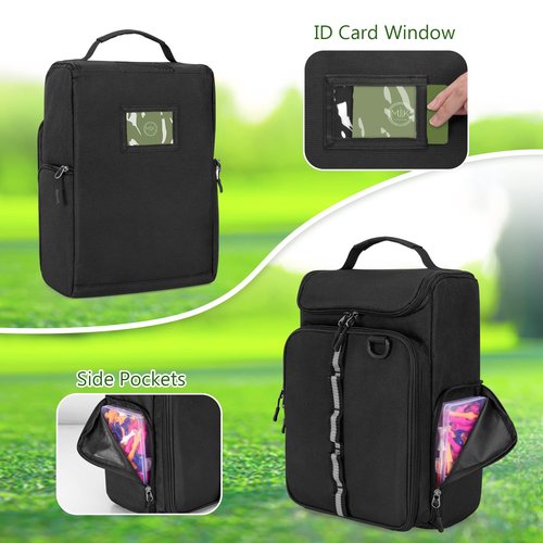 GOBUROS Golf Shoe Bag Holds A Pair of Shoes US Mens 14, Golf Shoe Carrier with Free Gloves Holders (A Pair), Front and Side Accessory Pockets for Tees, Gloves and Ball, Black