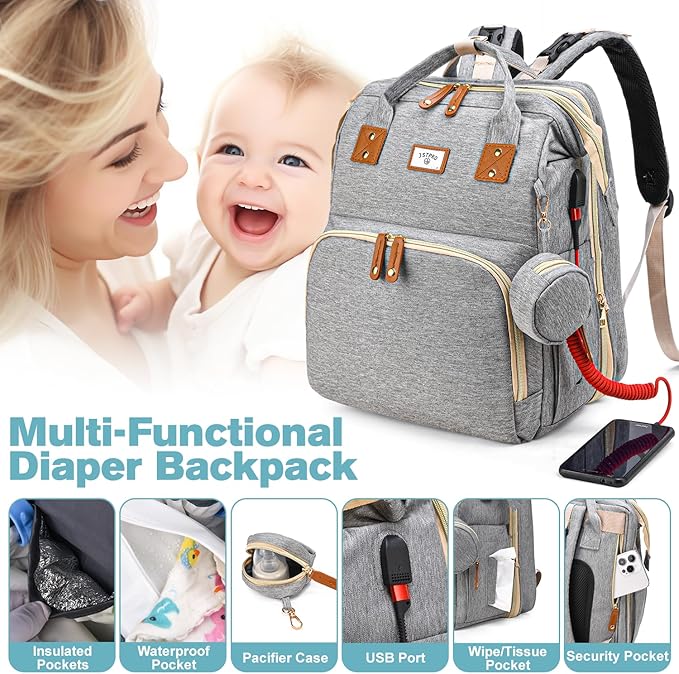 Diaper Bag Backpack, Large Waterproof Lightweight Diaper Bag with Changing Station, Insulated Pockets, USB Port & Stroller Straps, Travel Baby Bag for Mom and Dad, Baby Shower Gifts (Grey)
