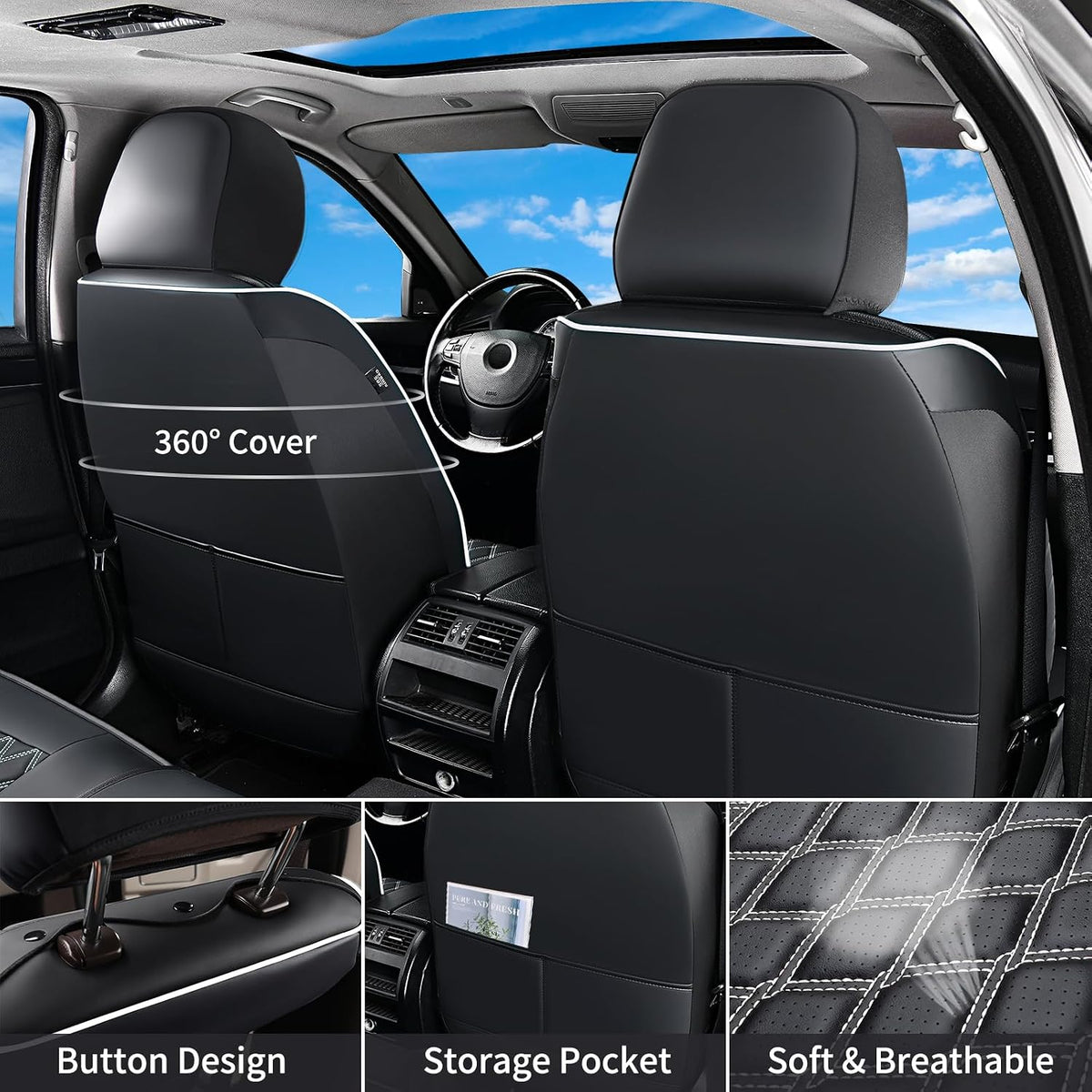 Huidasource Tacoma Front Seat Covers Fit for Toyota Tacoma 2016-2023 All Cab SR,SR5, Limited,TRD Pro, TRD Sport, TRD Off-Road Front Row, 360° Full Wrap Leather Car Seat Cushion Cover, Black&White