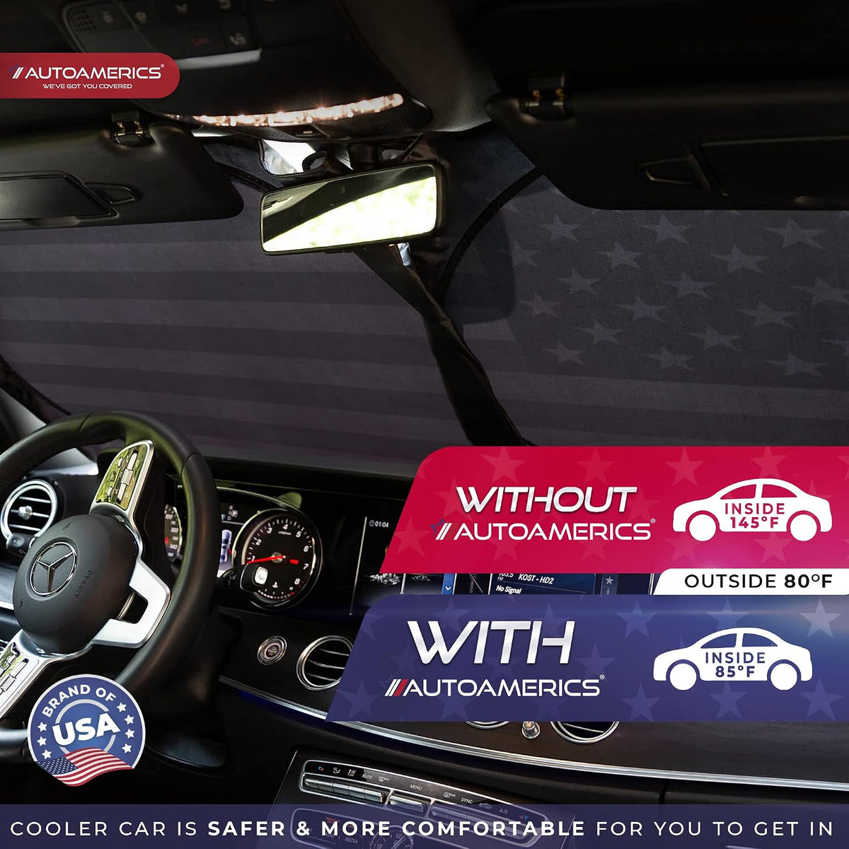 Autoamerics 1-Piece Windshield Sun Shade B&W American Flag USA Patriotic Design - Foldable Car Fits Easily to SUV & Truck Vehicles UV Ray Blocker Keeps Your Vehicle Cool Large