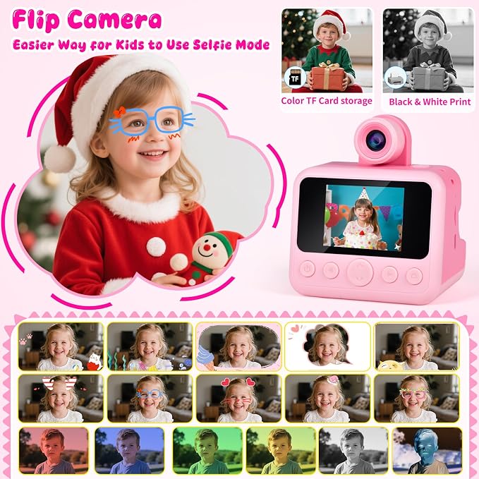 Kids Instant Print Camera with Carrying Bag, 1080P HD Girl Camera with 4 Print