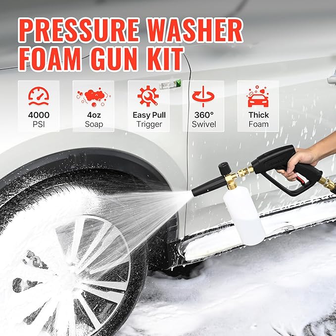 YAMATIC Pressure Washer Gun with Foam Cannon, 4000 PSI Car Washer Foam Blaster with 1/4" Quick Connect, 5 Power Washer Nozzle Tips and 4OZ Soap, 1 Liter, Pressure Washer Gun Swivel 3/8" &M22 Inlet