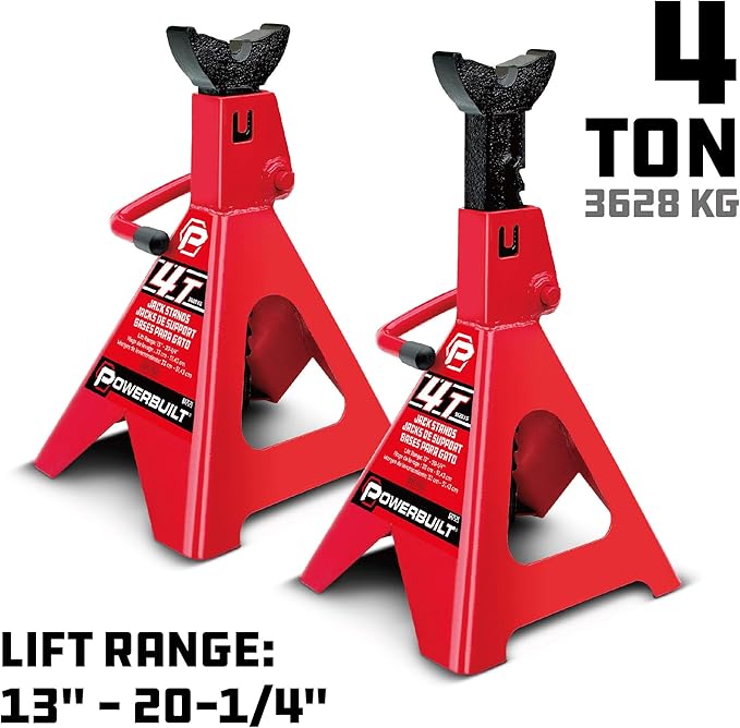Powerbuilt 4 Ton Ratchet Jack Stands, Wide Stance Stability, Vehicle Car Lifting Range 13-Inches to 20-1/4-Inches (33cm-51cm), 1 Pair (2 Pack) - 647529