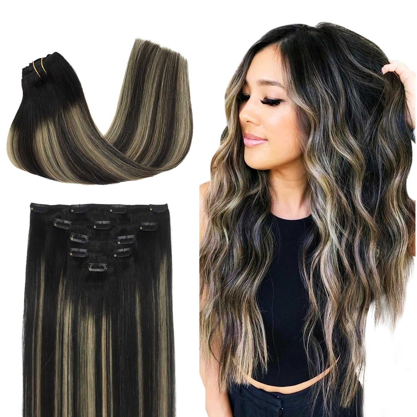 Doores Clip In Hair Extensions Real Human Hair, 5Pcs 80G 20 Inch Balayage Natural Black To Light Blonde Human Hair Extensions Cl