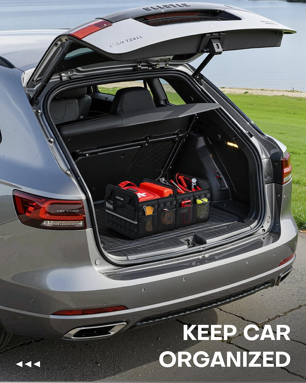 HOTOR Tactical Car Trunk Organizer - Foldable Trunk Organizer for SUV with Front MOLLE Pocket & Reflective Strips, Essential Car Accessories for Tools & Outdoor Storage, 15.0" x 23.6" x 11.0", Black