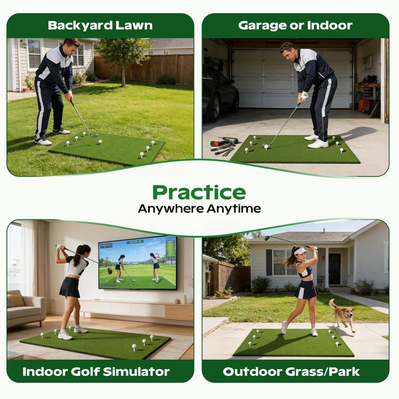 RIKADE 5x4ft Golf Hitting Mat, Backyard Garage Home Indoor Outdoor Practice Mat, 16mm Dense Short Turf with 6 Rotating Tee Holes, 10mm High-Rebound Non-Slip EVA Base Golf Training Mat
