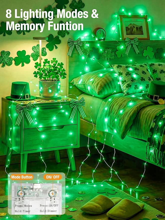 btfarm 4 Pack St Patrick’s Day Green Fairy Lights Battery Operated with Timer, 16FT 50 LED Silver Wire Twinkle String Lights 8 Modes Dimmable Waterproof for Christmas Bedroom Party Decorations, Green