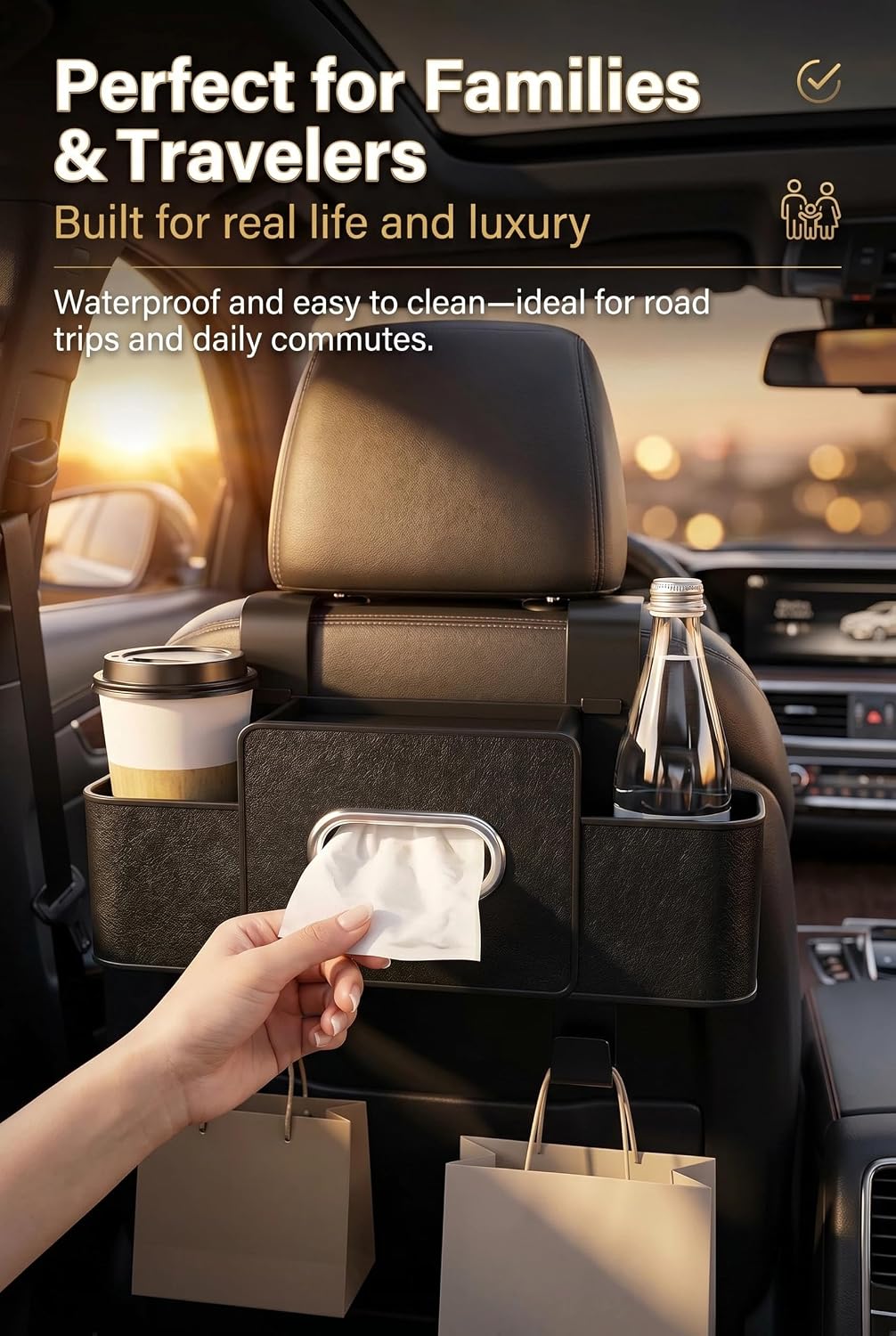 3-in-1 Back Seat Car Organizer, Waterproof Car Tissue Holder with Cup Holder & Hooks, Multifunctional Storage Box for Hold Phones Snacks Drinks Handbags (Black)