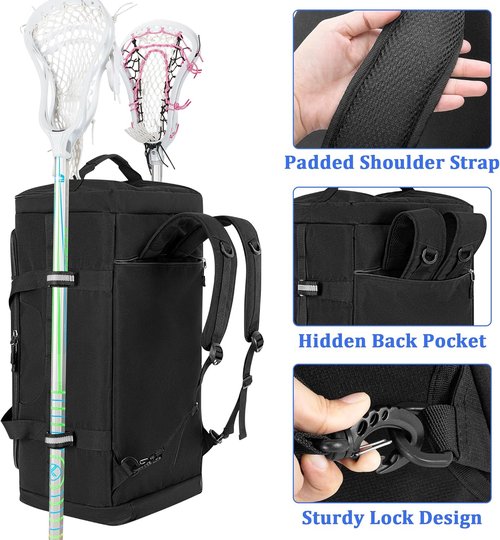 GOBUROS Lacrosse Bag - Holds 2 Sticks & Shoes | Durable Backpack with Helmet Holder & Pockets - Black